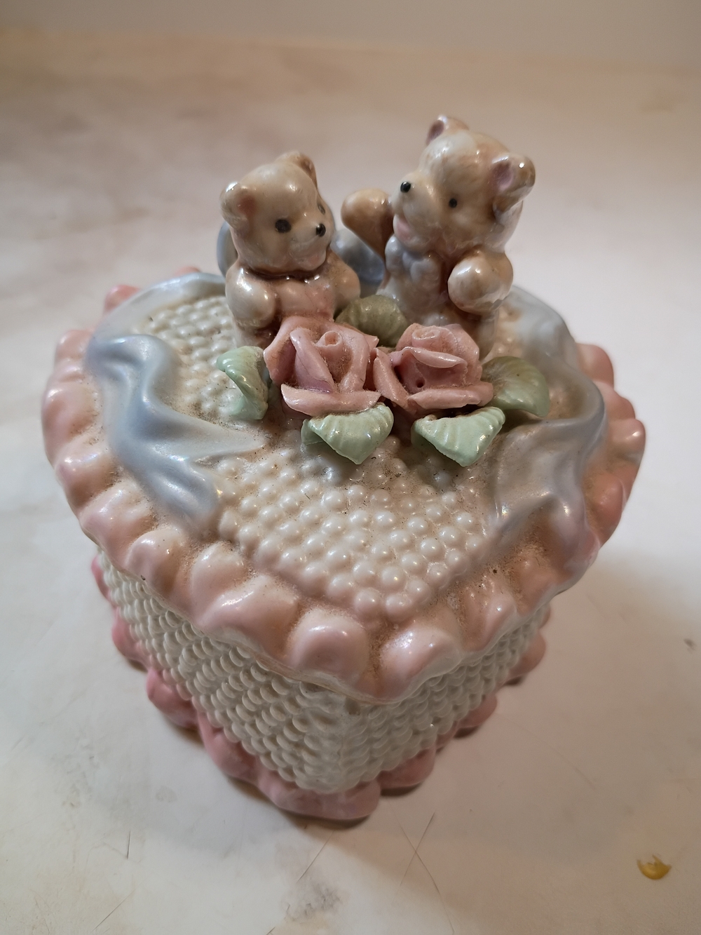 Vintage 90s Heart-shaped Trinket Box with Teddy Bears and Roses
